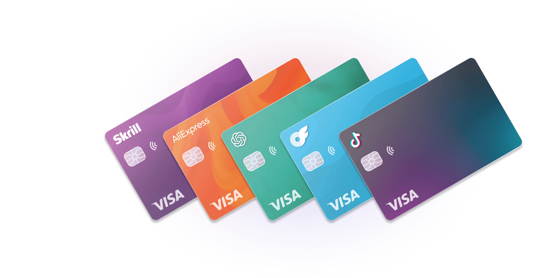 Visa cards featuring logos for Skrill and AliExpress, among others, with a series of colorful branded cards
